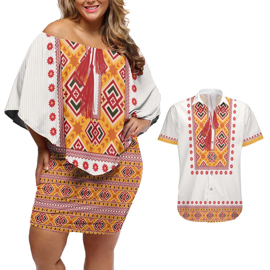 Slovakia Costume Couples Matching Off Shoulder Short Dress and Hawaiian Shirt Traditional Folk Pattern