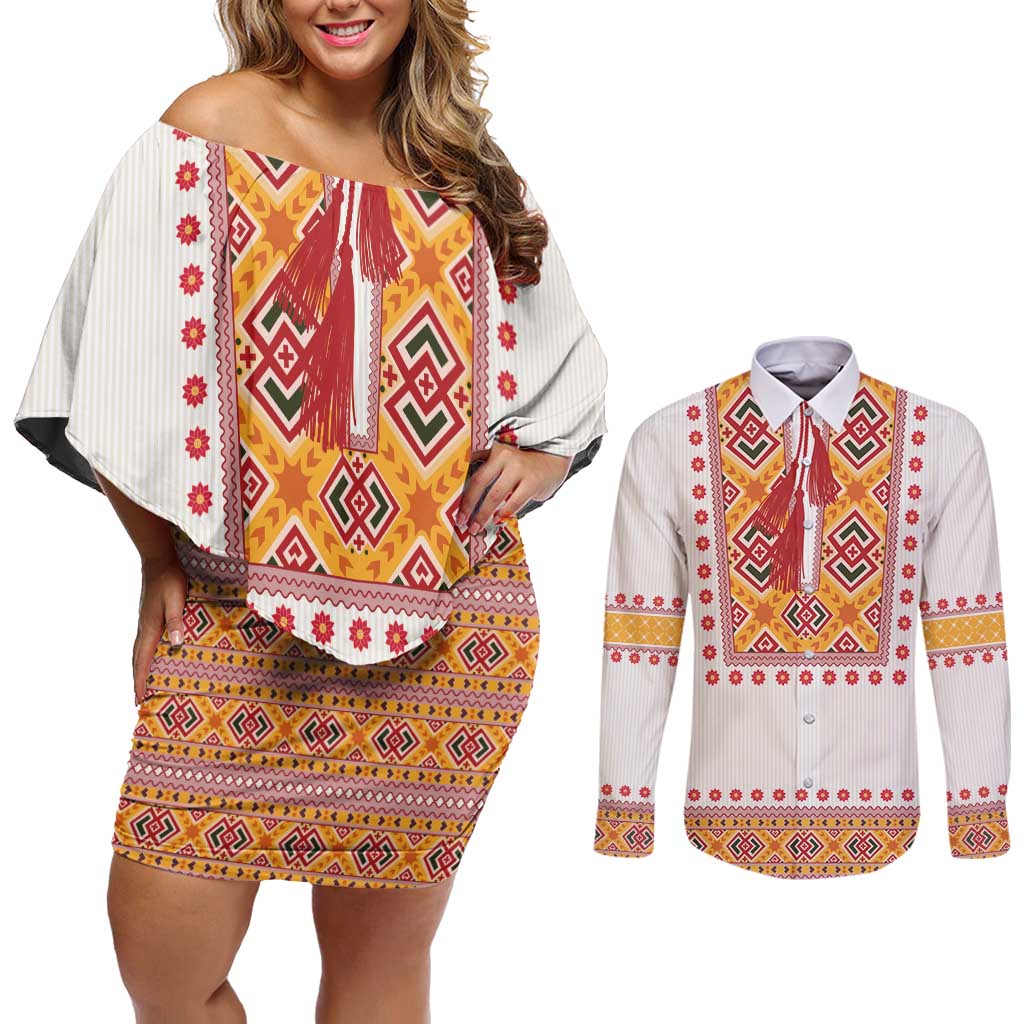 Slovakia Costume Couples Matching Off Shoulder Short Dress and Long Sleeve Button Shirt Traditional Folk Pattern