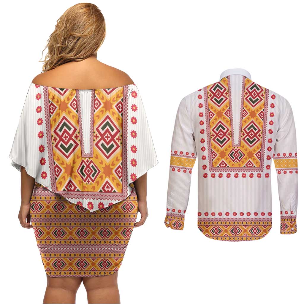 Slovakia Costume Couples Matching Off Shoulder Short Dress and Long Sleeve Button Shirt Traditional Folk Pattern