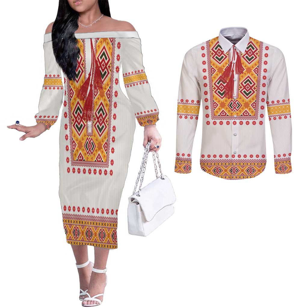 Slovakia Costume Couples Matching Off The Shoulder Long Sleeve Dress and Long Sleeve Button Shirt Traditional Folk Pattern