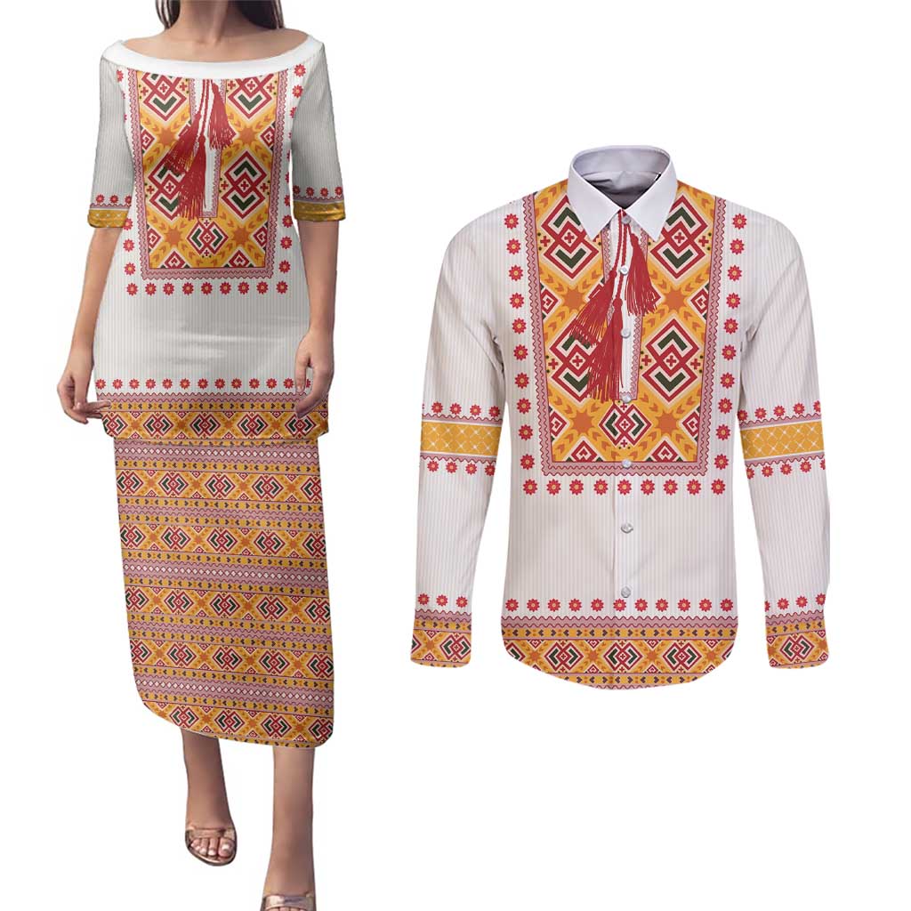 Slovakia Costume Couples Matching Puletasi and Long Sleeve Button Shirt Traditional Folk Pattern
