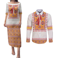Slovakia Costume Couples Matching Puletasi and Long Sleeve Button Shirt Traditional Folk Pattern