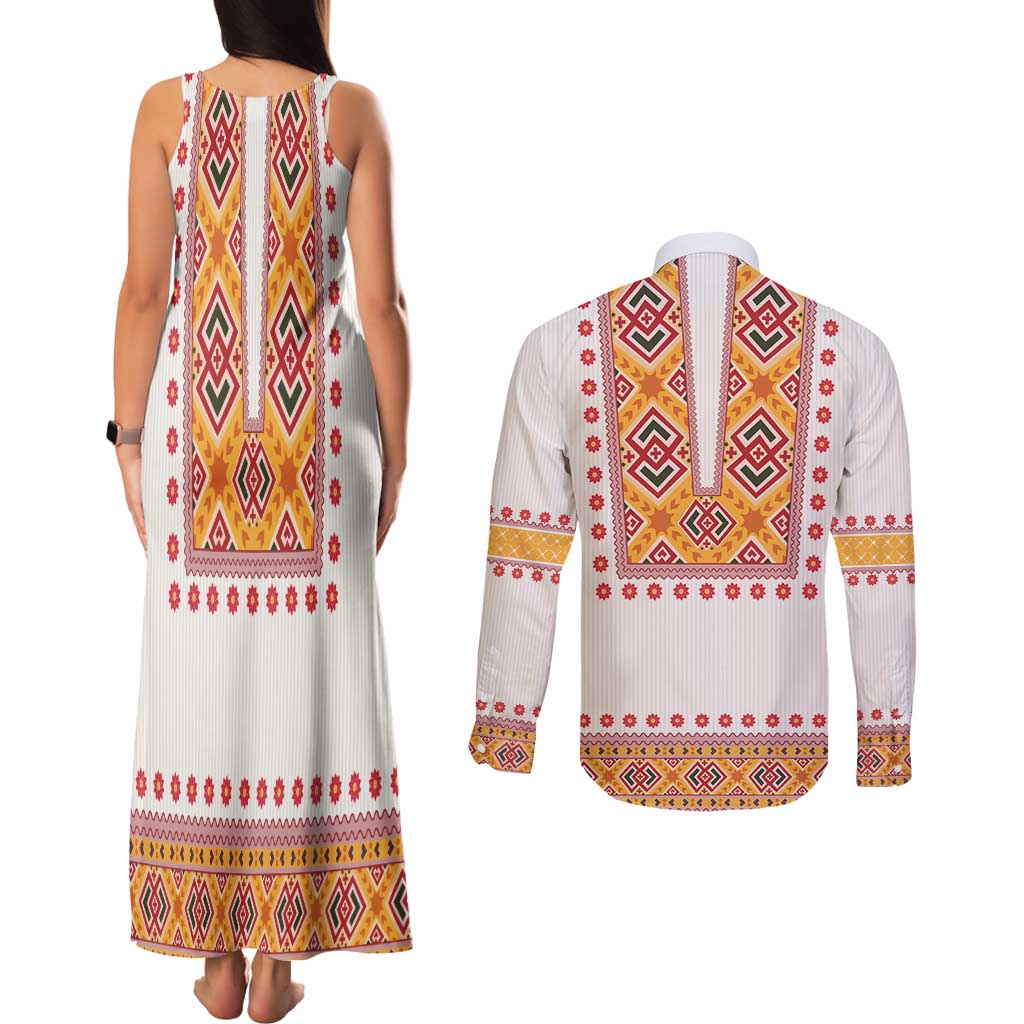 Slovakia Costume Couples Matching Tank Maxi Dress and Long Sleeve Button Shirt Traditional Folk Pattern