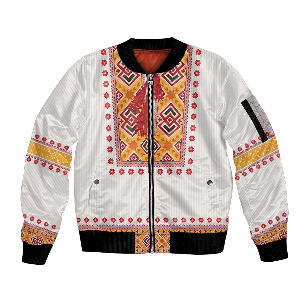 Slovakia Costume Sleeve Zip Bomber Jacket Traditional Folk Pattern