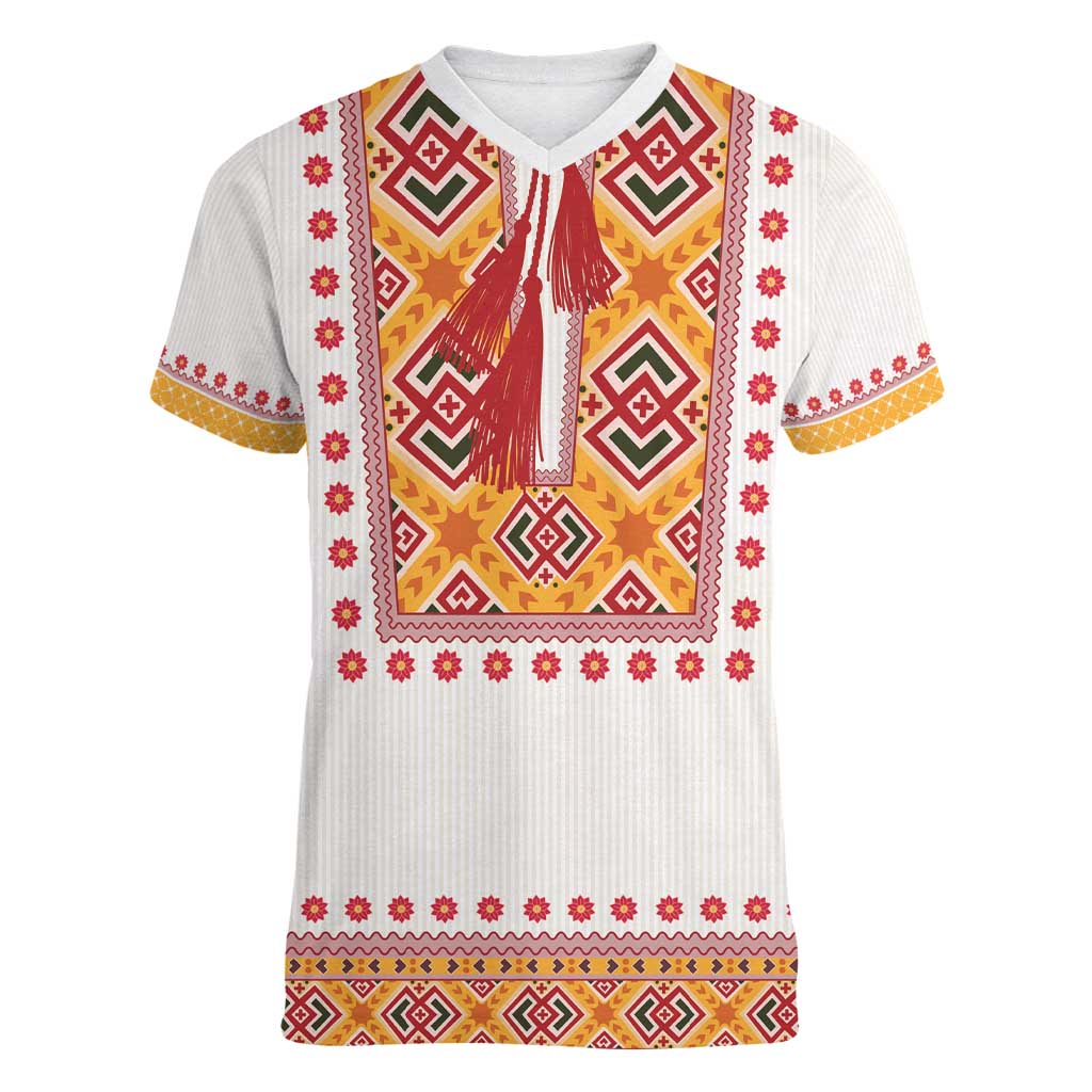 Slovakia Costume Women V-Neck T-Shirt Traditional Folk Pattern