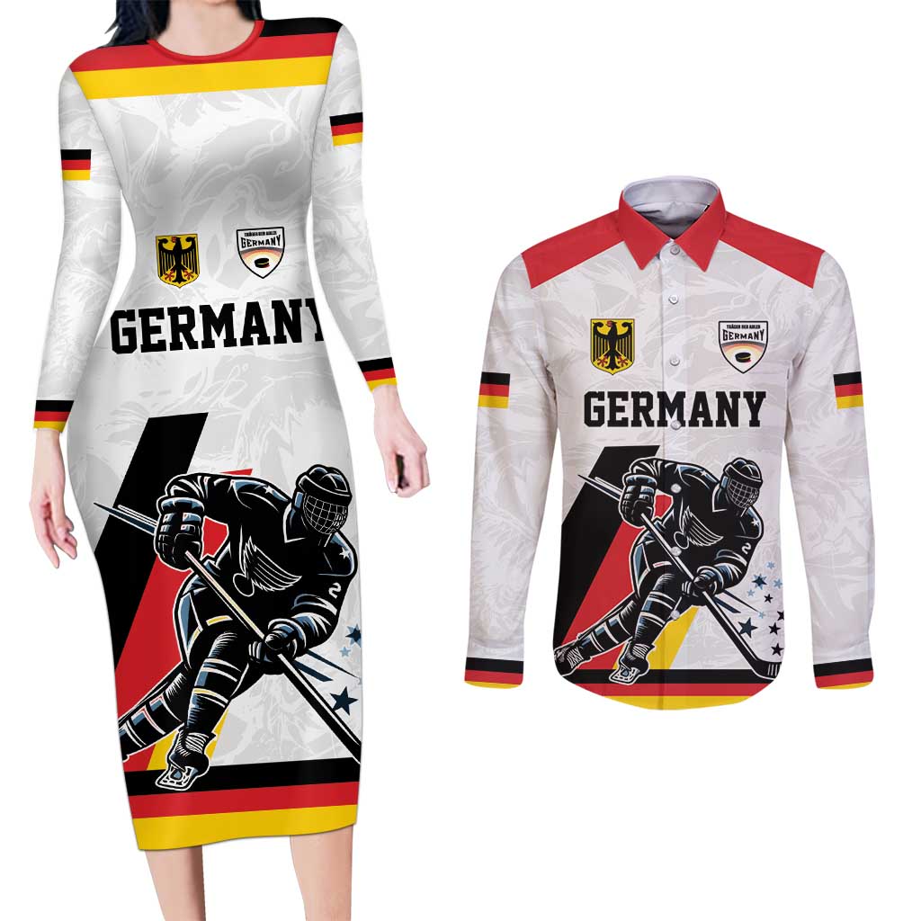 Custom Germany Ice Hockey Couples Matching Long Sleeve Bodycon Dress and Long Sleeve Button Shirt Retro Jersey