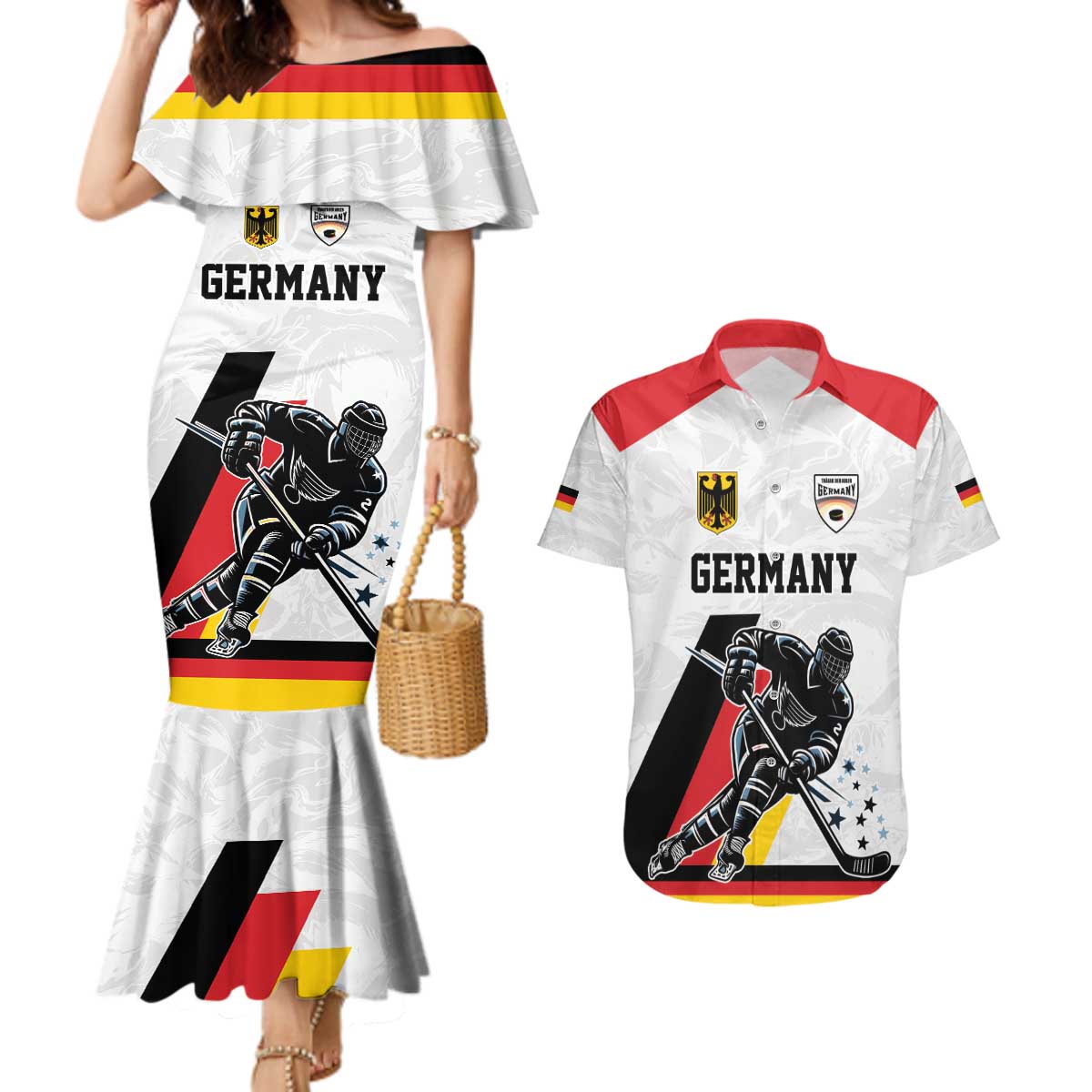 Custom Germany Ice Hockey Couples Matching Mermaid Dress and Hawaiian Shirt Retro Jersey