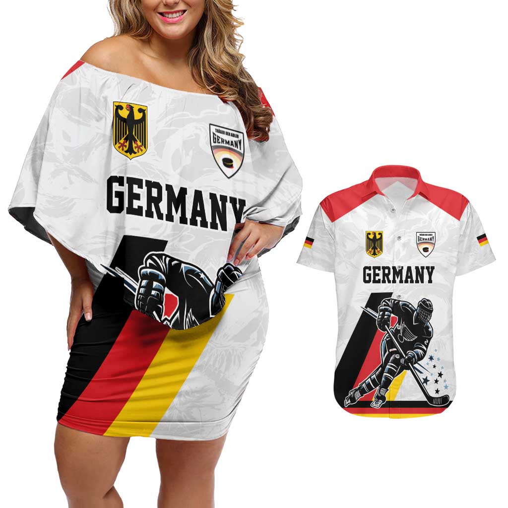 Custom Germany Ice Hockey Couples Matching Off Shoulder Short Dress and Hawaiian Shirt Retro Jersey