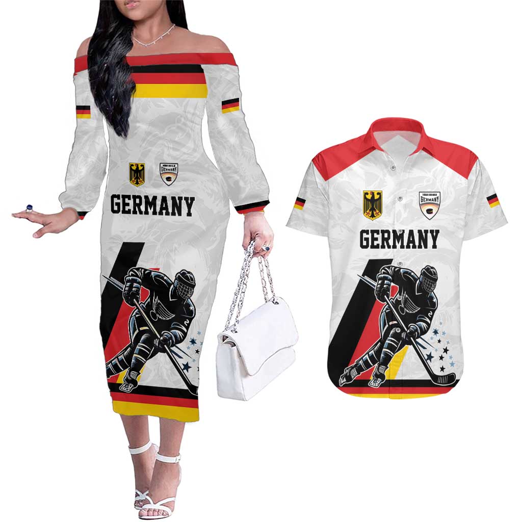 Custom Germany Ice Hockey Couples Matching Off The Shoulder Long Sleeve Dress and Hawaiian Shirt Retro Jersey