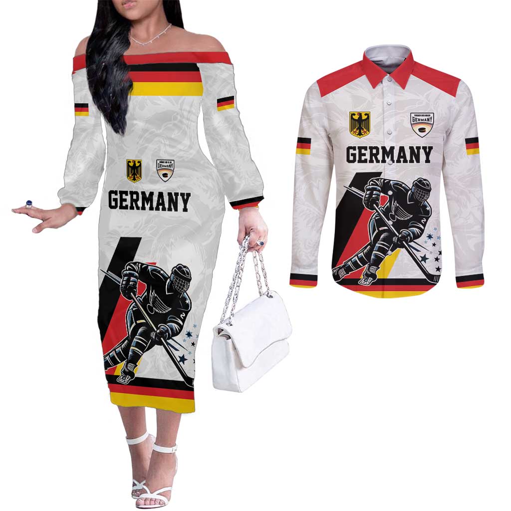 Custom Germany Ice Hockey Couples Matching Off The Shoulder Long Sleeve Dress and Long Sleeve Button Shirt Retro Jersey