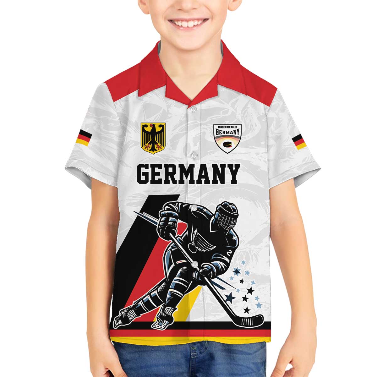 Custom Germany Ice Hockey Family Matching Off The Shoulder Long Sleeve Dress and Hawaiian Shirt Retro Jersey