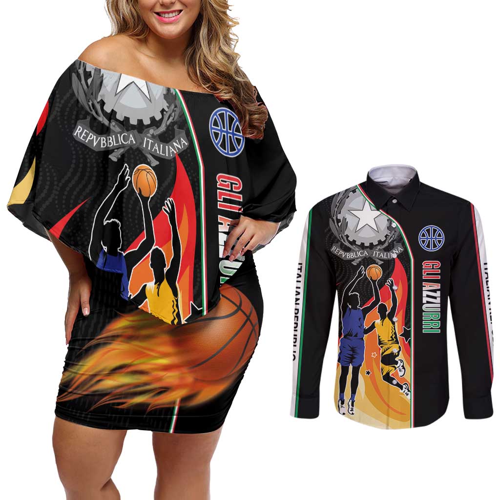 Custom Italian Republic Baketball Couples Matching Off Shoulder Short Dress and Long Sleeve Button Shirt Sporty Style