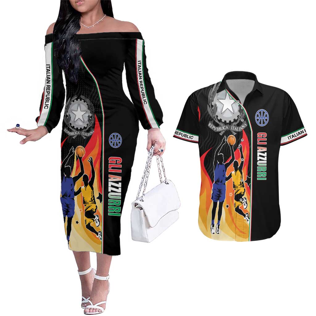 Custom Italian Republic Baketball Couples Matching Off The Shoulder Long Sleeve Dress and Hawaiian Shirt Sporty Style
