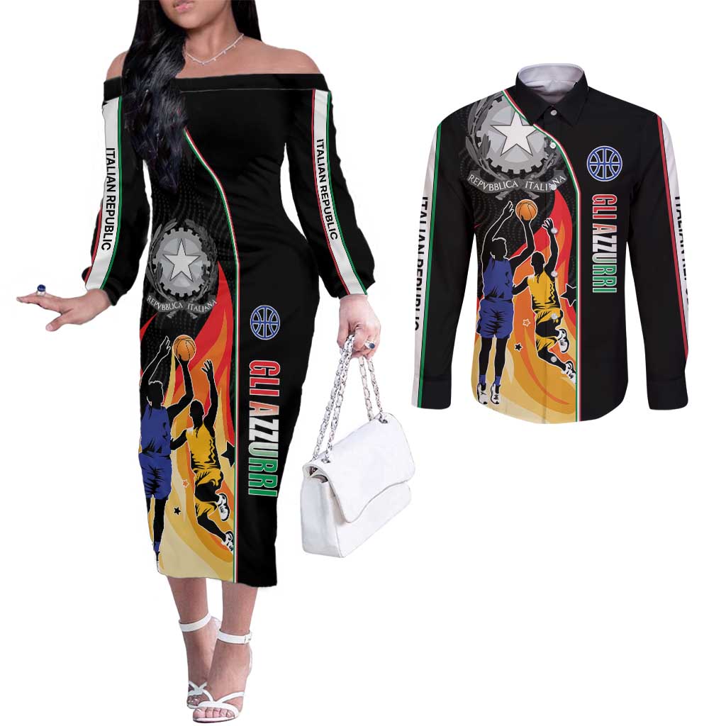 Custom Italian Republic Baketball Couples Matching Off The Shoulder Long Sleeve Dress and Long Sleeve Button Shirt Sporty Style
