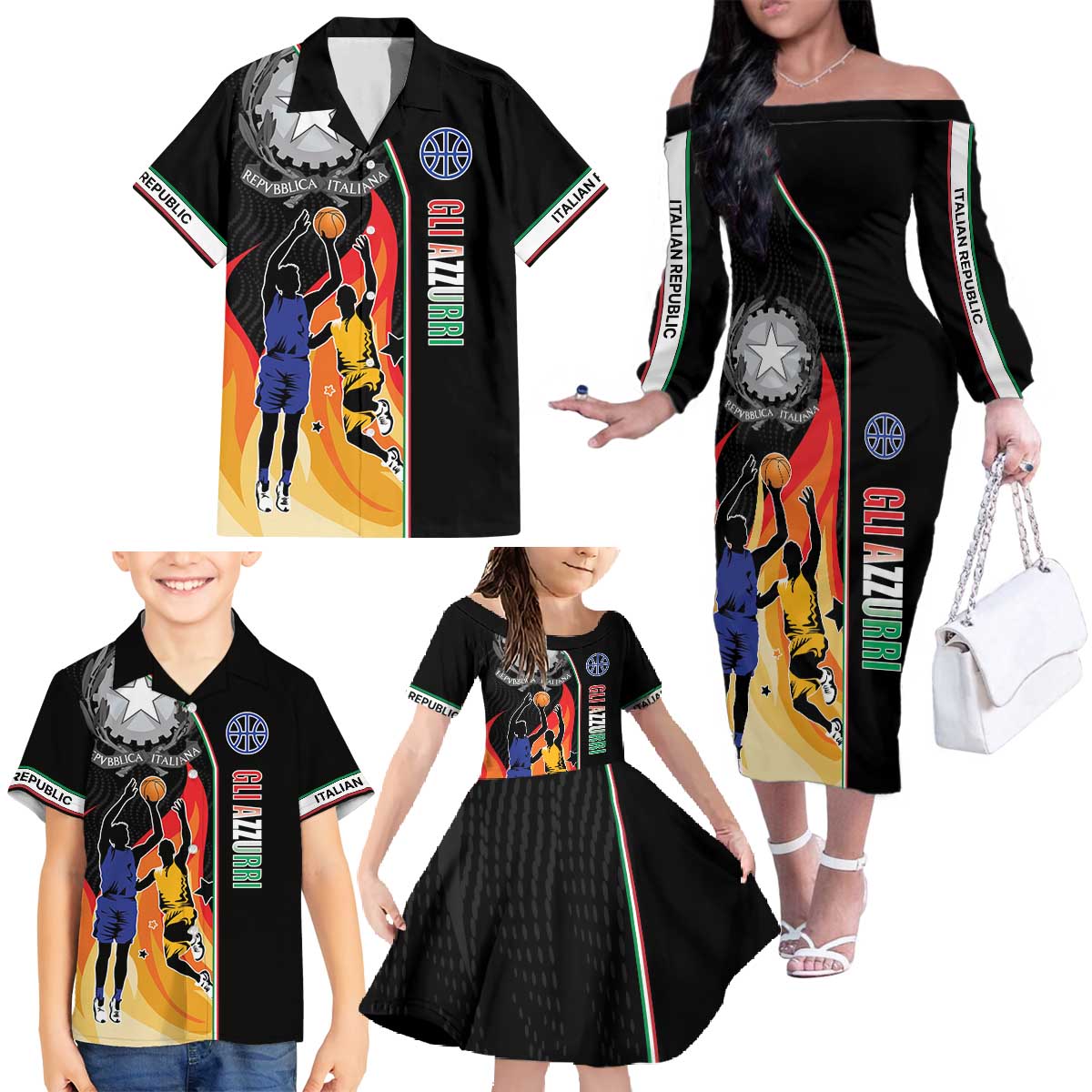 Custom Italian Republic Baketball Family Matching Off The Shoulder Long Sleeve Dress and Hawaiian Shirt Sporty Style