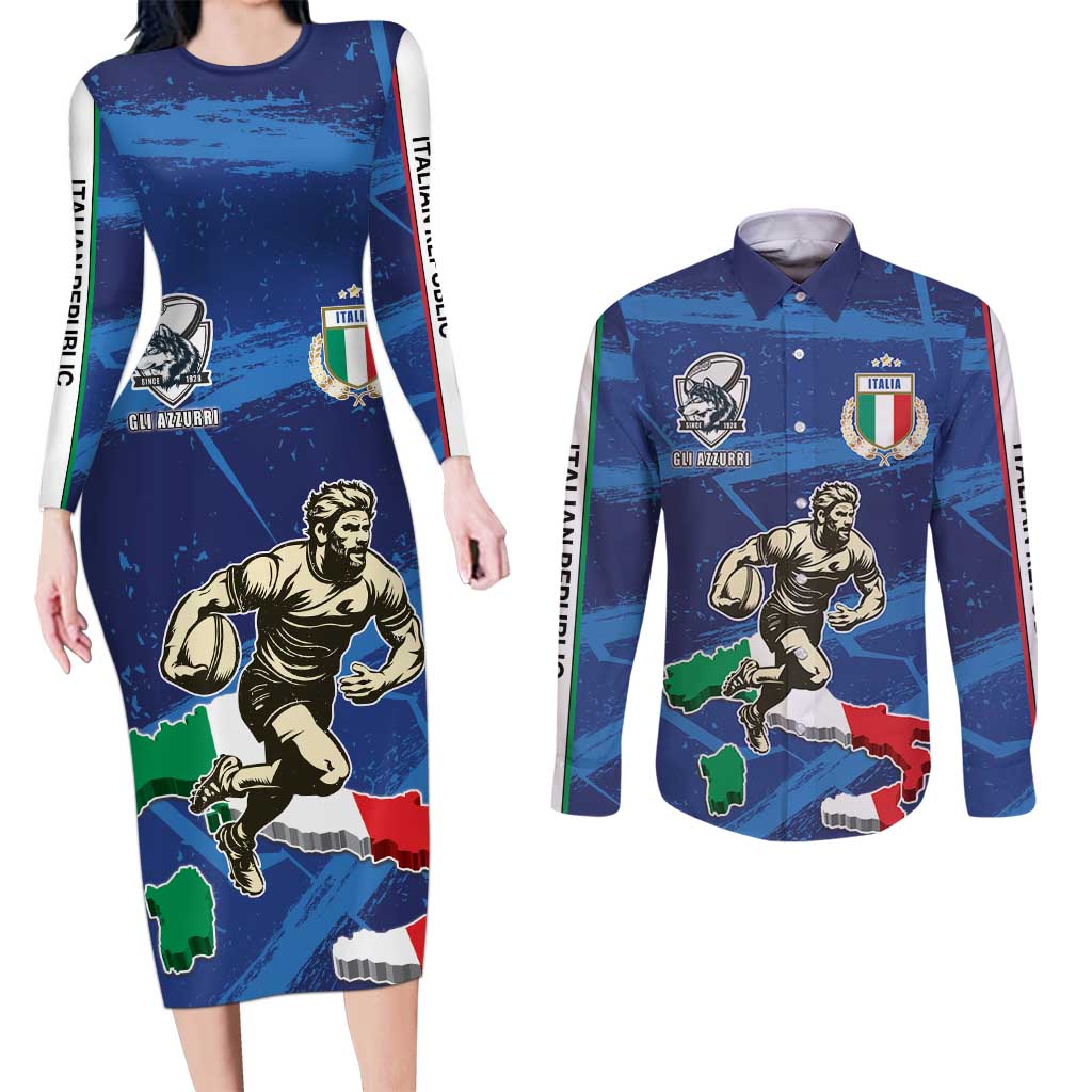 Italian Republic Rugby Custom Couples Matching Long Sleeve Bodycon Dress and Long Sleeve Button Shirt Sporty Style