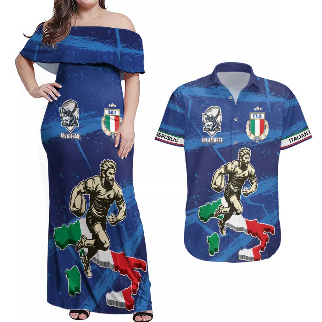 Italian Republic Rugby Custom Couples Matching Off Shoulder Maxi Dress and Hawaiian Shirt Sporty Style