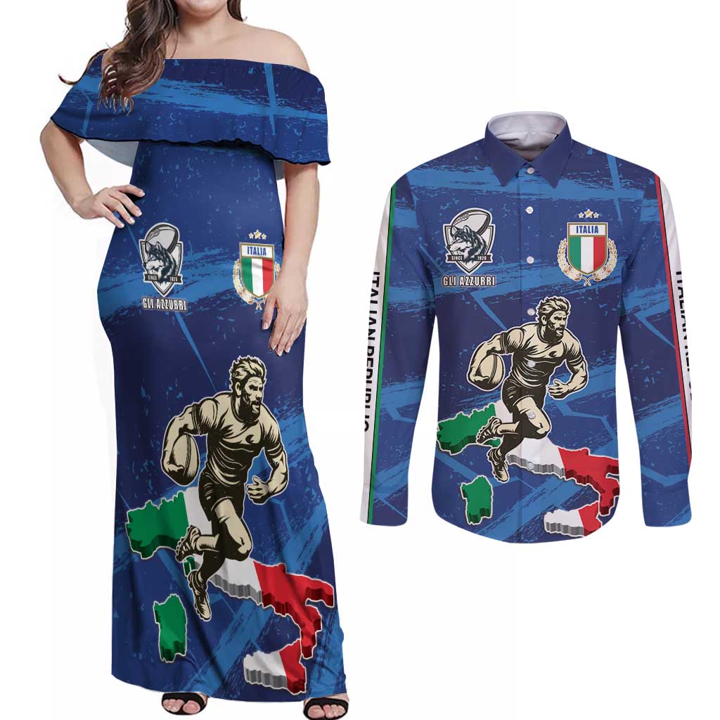 Italian Republic Rugby Custom Couples Matching Off Shoulder Maxi Dress and Long Sleeve Button Shirt Sporty Style