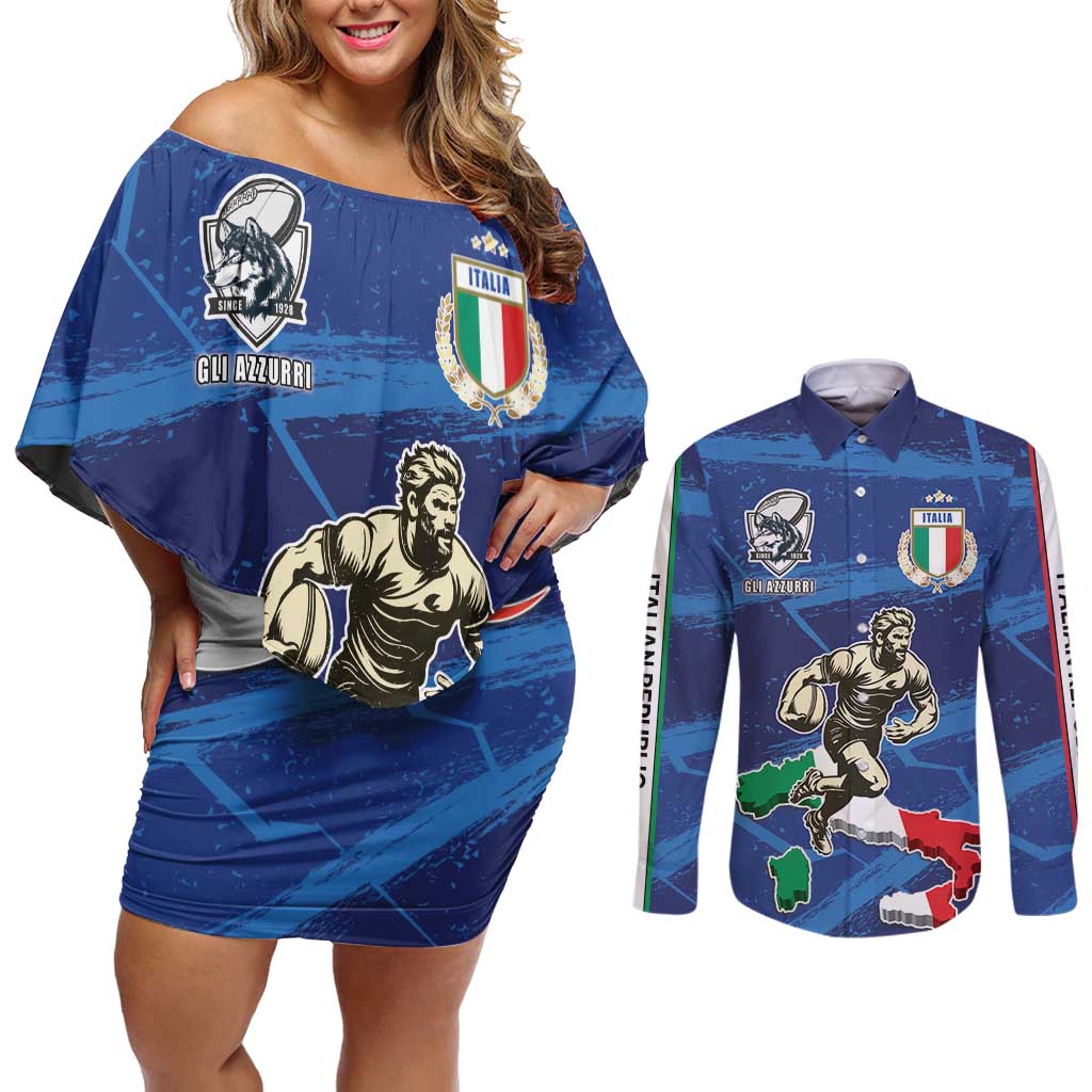 Italian Republic Rugby Custom Couples Matching Off Shoulder Short Dress and Long Sleeve Button Shirt Sporty Style