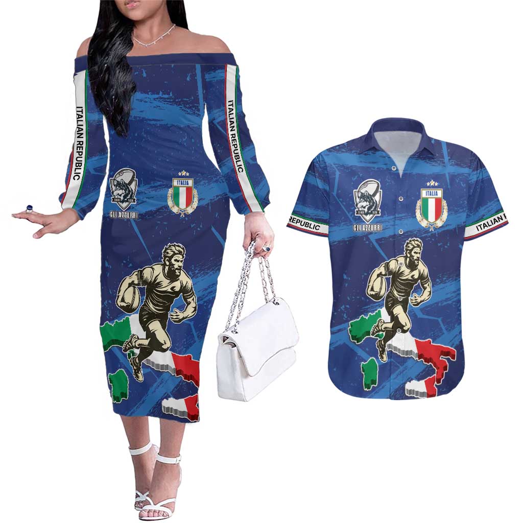 Italian Republic Rugby Custom Couples Matching Off The Shoulder Long Sleeve Dress and Hawaiian Shirt Sporty Style