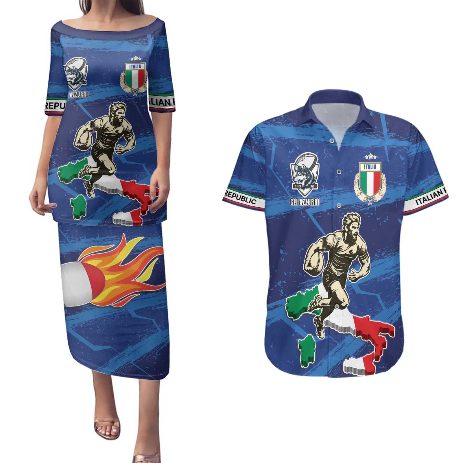 Italian Republic Rugby Custom Couples Matching Puletasi and Hawaiian Shirt Sporty Style