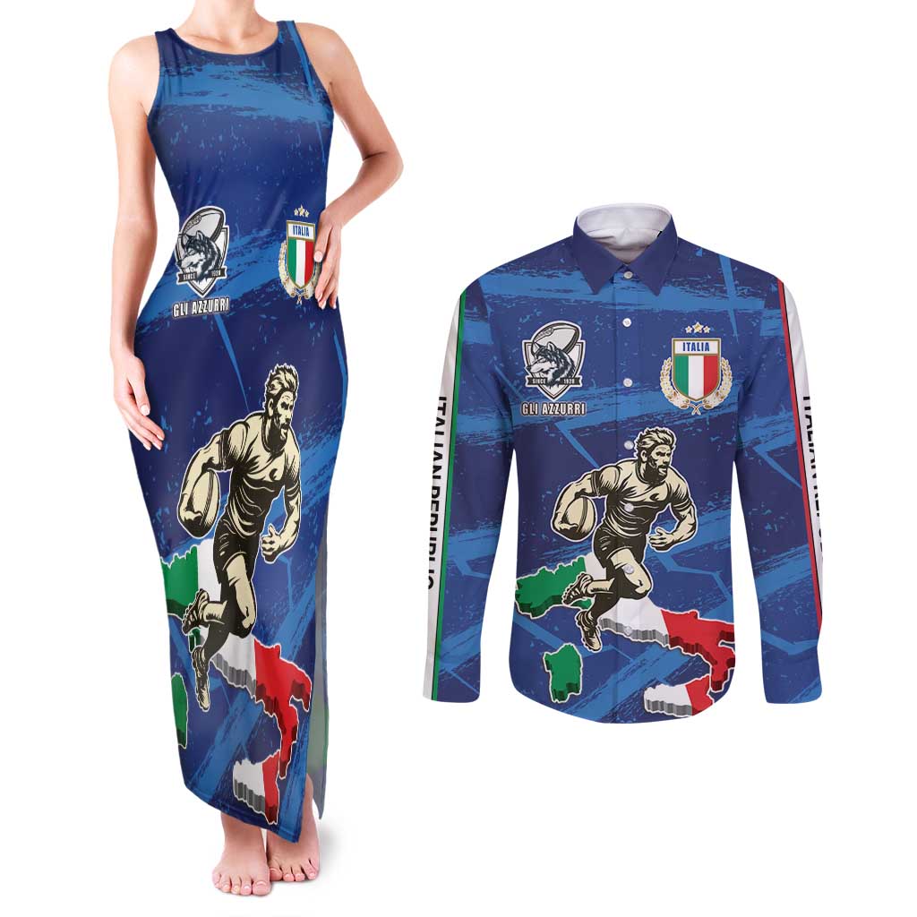 Italian Republic Rugby Custom Couples Matching Tank Maxi Dress and Long Sleeve Button Shirt Sporty Style