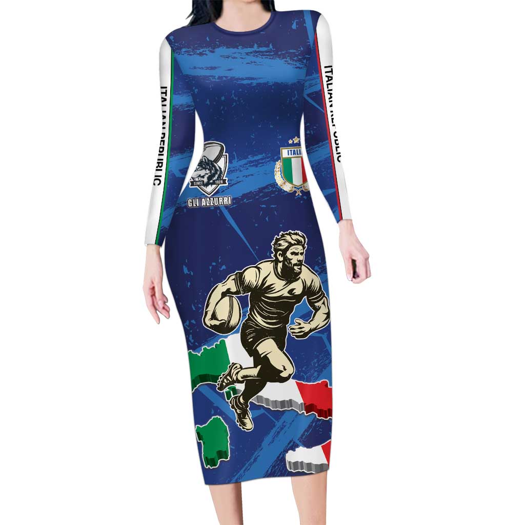 Italian Republic Rugby Custom Family Matching Long Sleeve Bodycon Dress and Hawaiian Shirt Sporty Style