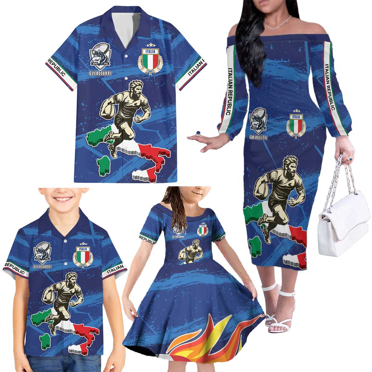 Italian Republic Rugby Custom Family Matching Off The Shoulder Long Sleeve Dress and Hawaiian Shirt Sporty Style
