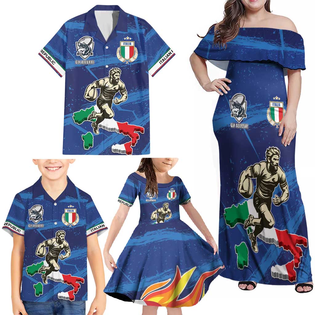 Italian Republic Rugby Custom Family Matching Off Shoulder Maxi Dress and Hawaiian Shirt Sporty Style