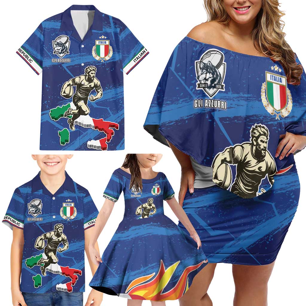 Italian Republic Rugby Custom Family Matching Off Shoulder Short Dress and Hawaiian Shirt Sporty Style