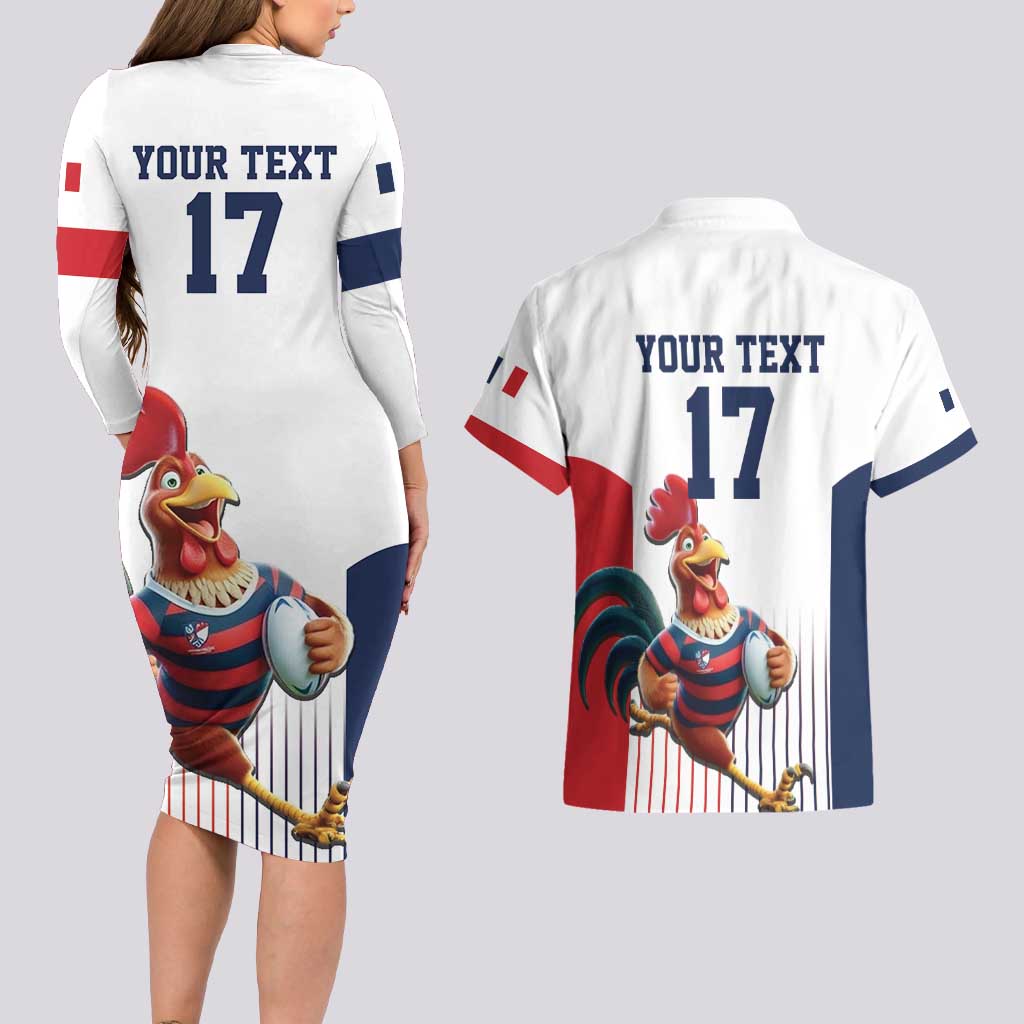 France Rugby Custom Couples Matching Long Sleeve Bodycon Dress and Hawaiian Shirt Come on Les Bleus White Style