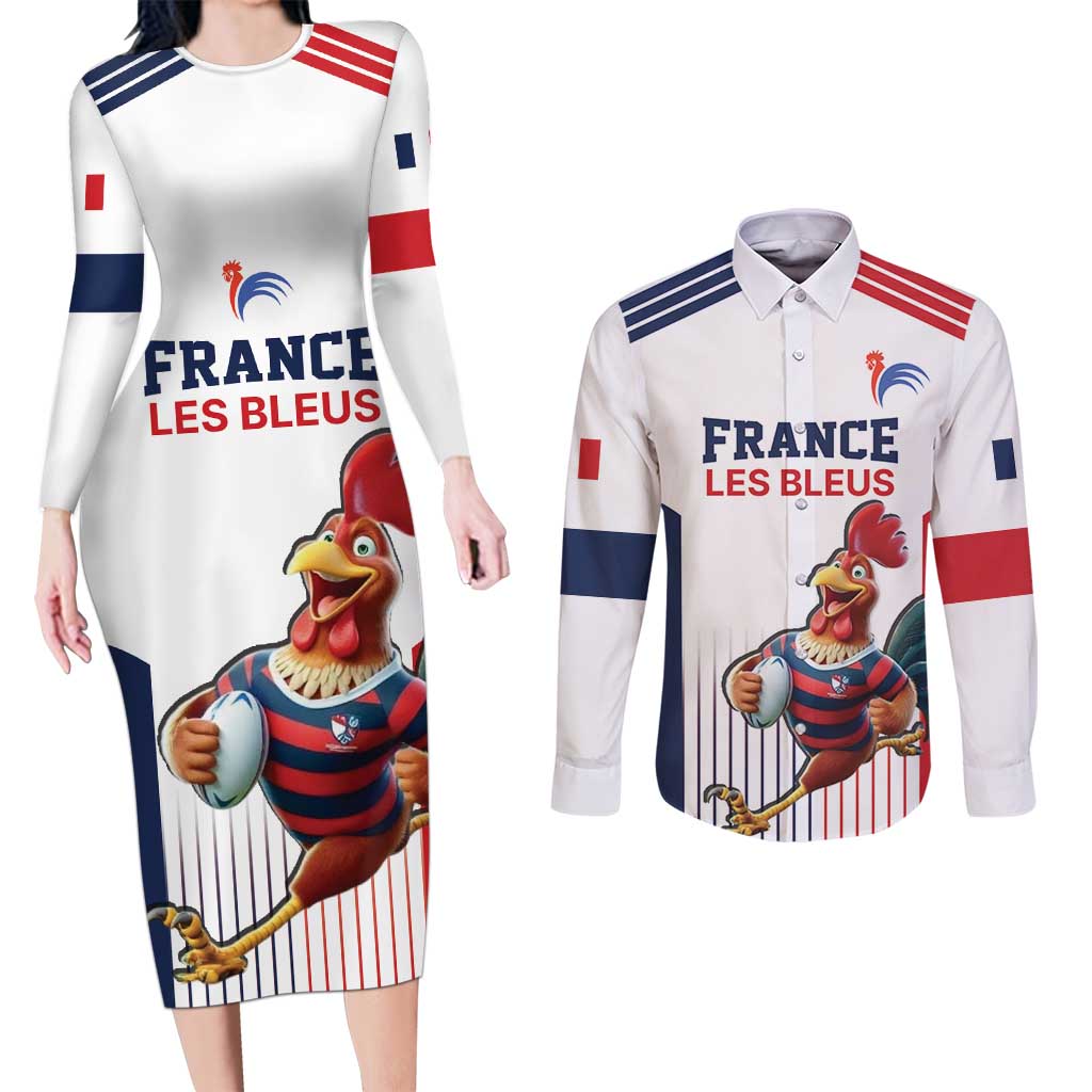France Rugby Custom Couples Matching Long Sleeve Bodycon Dress and Long Sleeve Button Shirt Come on Les Bleus White Style