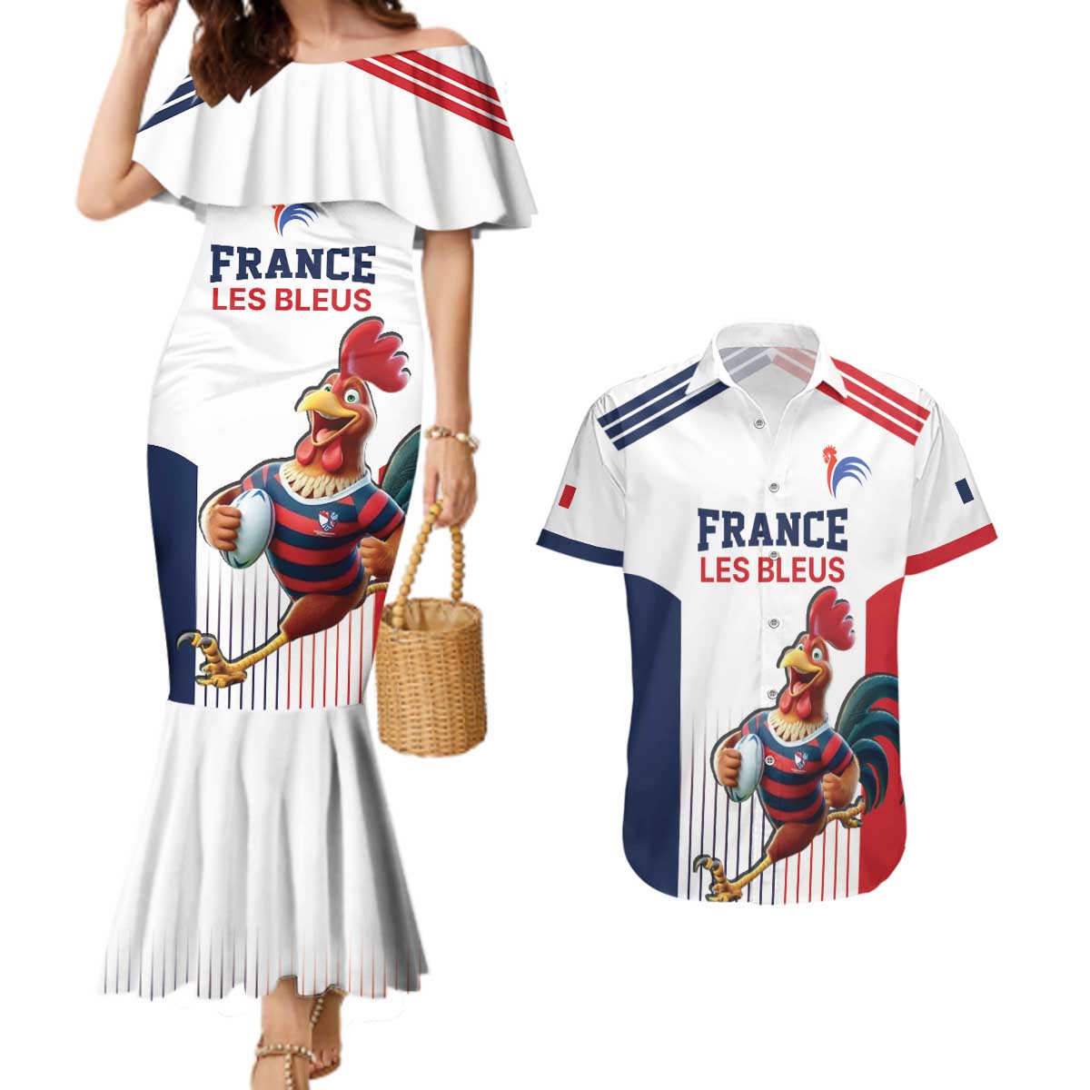 France Rugby Custom Couples Matching Mermaid Dress and Hawaiian Shirt Come on Les Bleus White Style