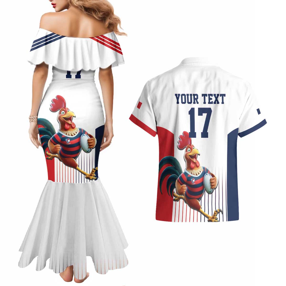 France Rugby Custom Couples Matching Mermaid Dress and Hawaiian Shirt Come on Les Bleus White Style