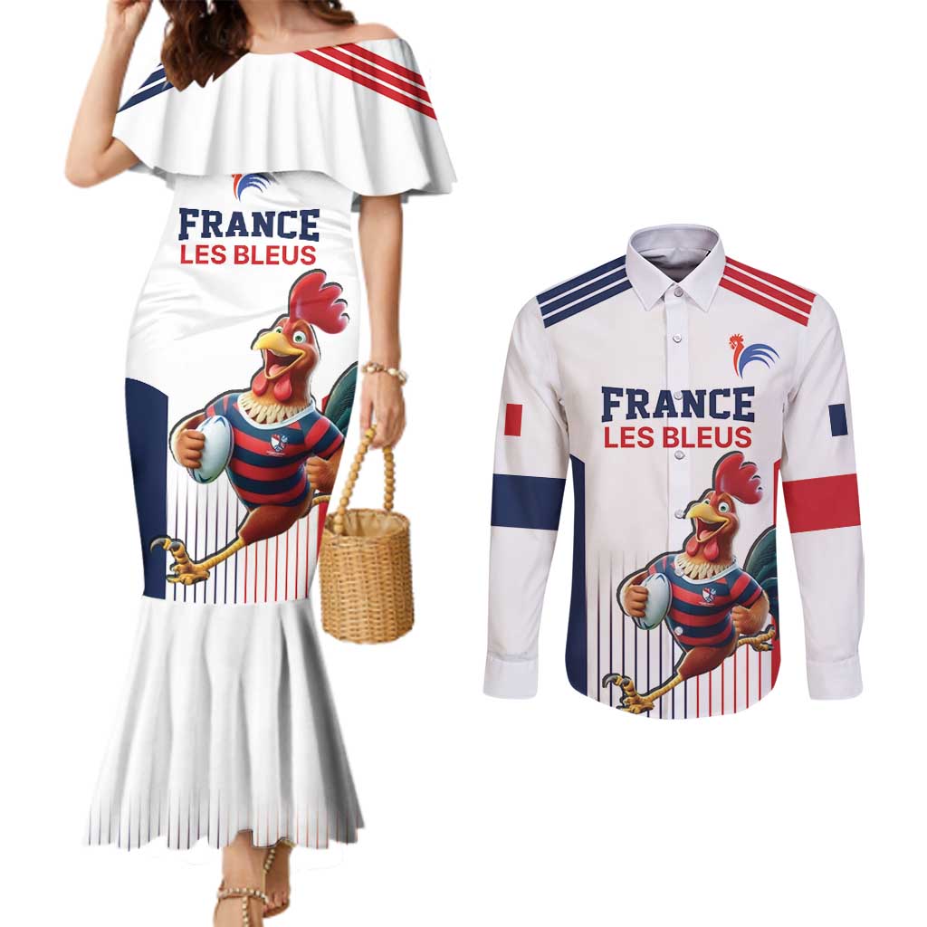 France Rugby Custom Couples Matching Mermaid Dress and Long Sleeve Button Shirt Come on Les Bleus White Style