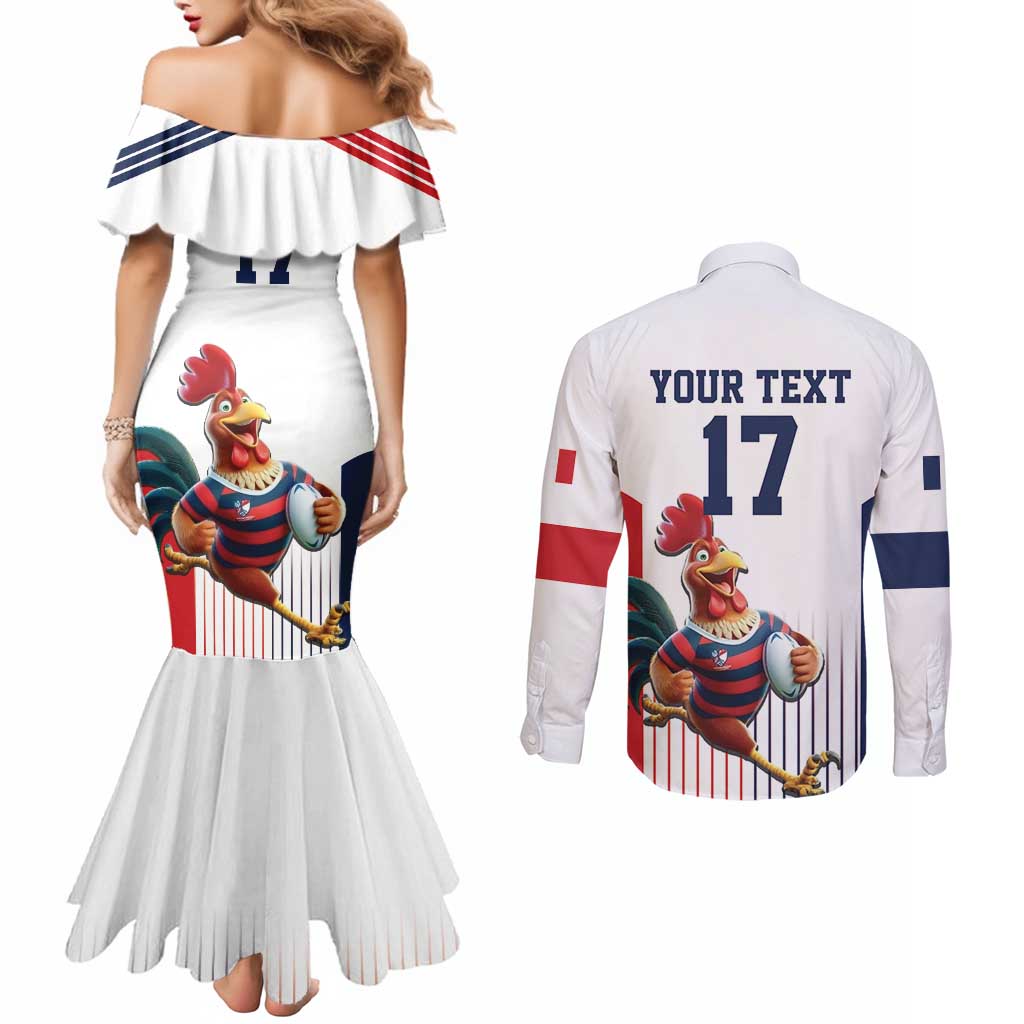 France Rugby Custom Couples Matching Mermaid Dress and Long Sleeve Button Shirt Come on Les Bleus White Style