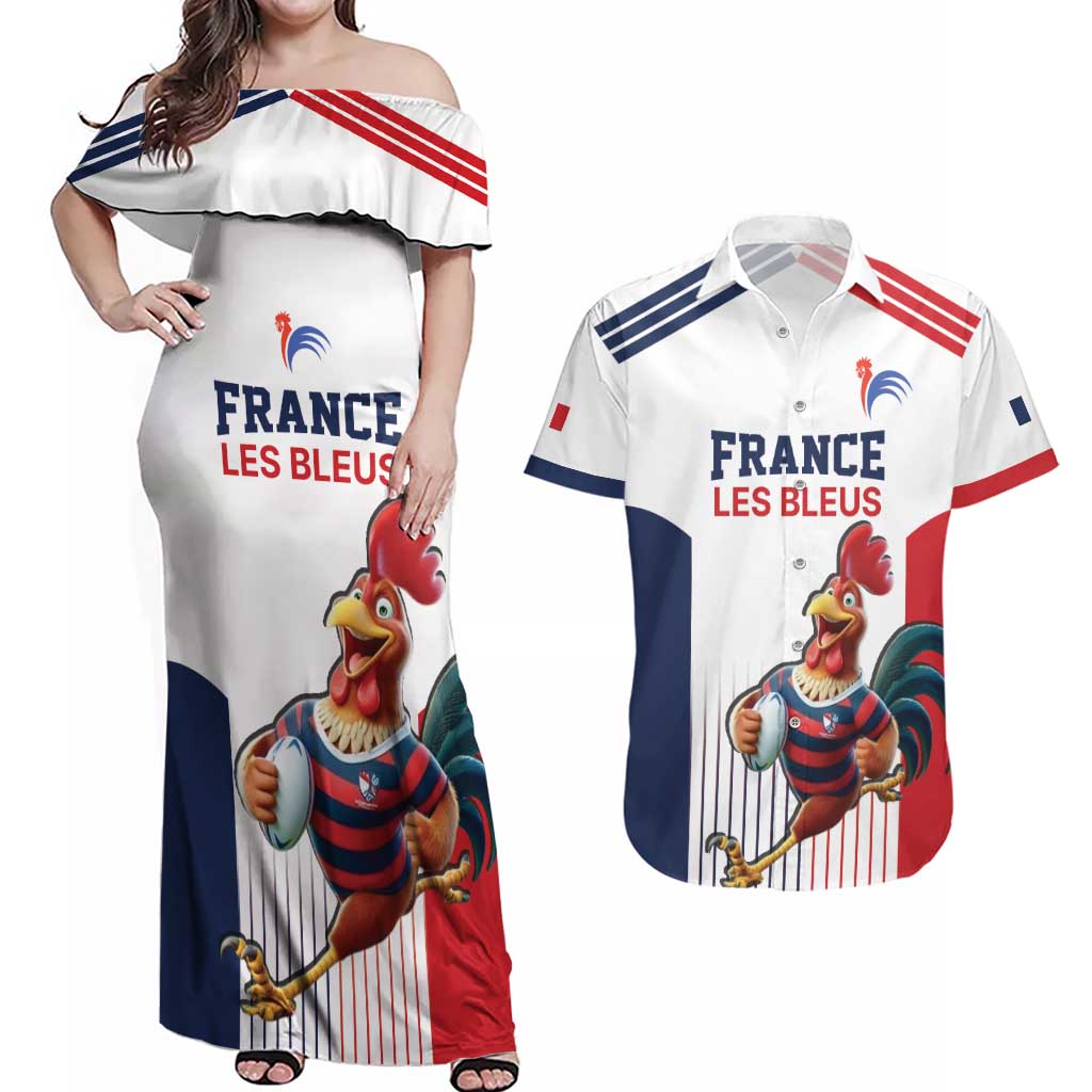 France Rugby Custom Couples Matching Off Shoulder Maxi Dress and Hawaiian Shirt Come on Les Bleus White Style