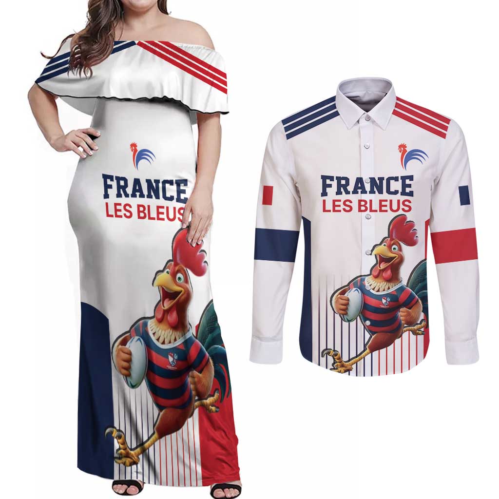 France Rugby Custom Couples Matching Off Shoulder Maxi Dress and Long Sleeve Button Shirt Come on Les Bleus White Style