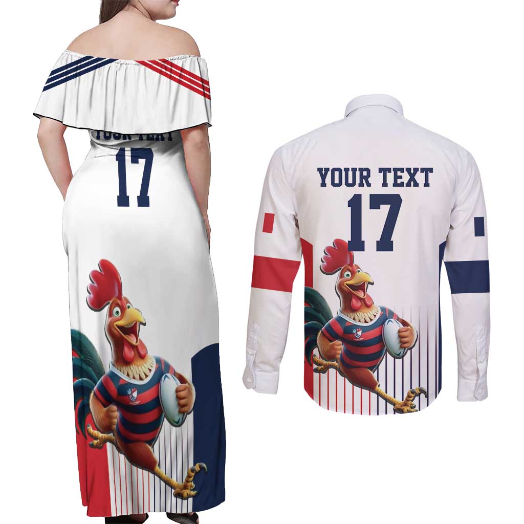 France Rugby Custom Couples Matching Off Shoulder Maxi Dress and Long Sleeve Button Shirt Come on Les Bleus White Style