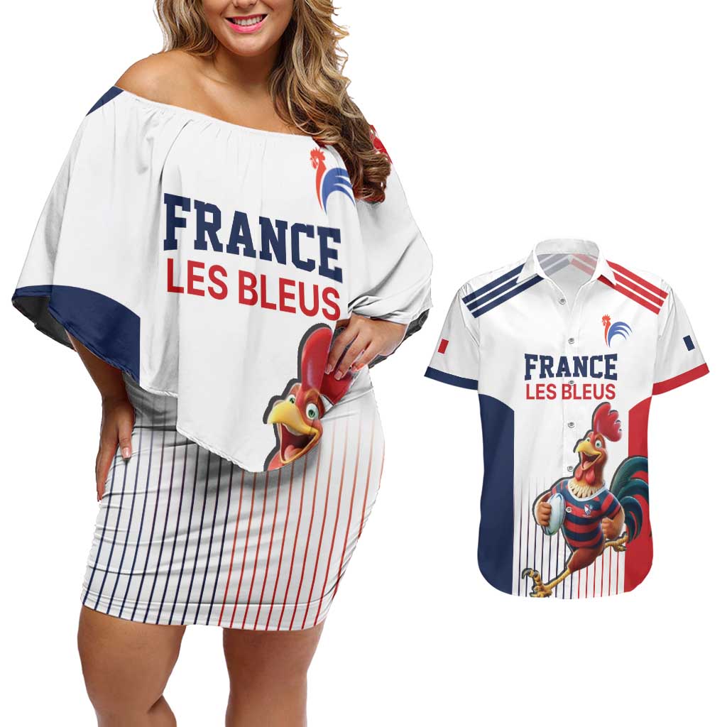 France Rugby Custom Couples Matching Off Shoulder Short Dress and Hawaiian Shirt Come on Les Bleus White Style