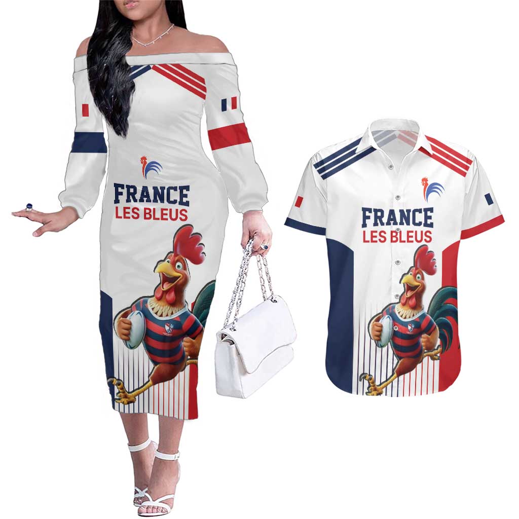 France Rugby Custom Couples Matching Off The Shoulder Long Sleeve Dress and Hawaiian Shirt Come on Les Bleus White Style
