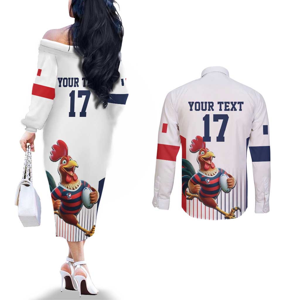 France Rugby Custom Couples Matching Off The Shoulder Long Sleeve Dress and Long Sleeve Button Shirt Come on Les Bleus White Style