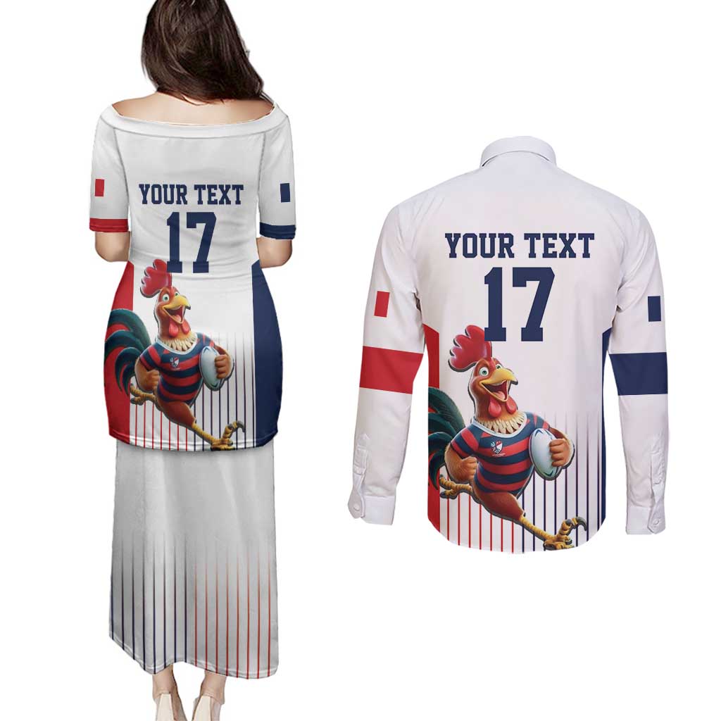 France Rugby Custom Couples Matching Puletasi and Long Sleeve Button Shirt Come on Les Bleus White Style