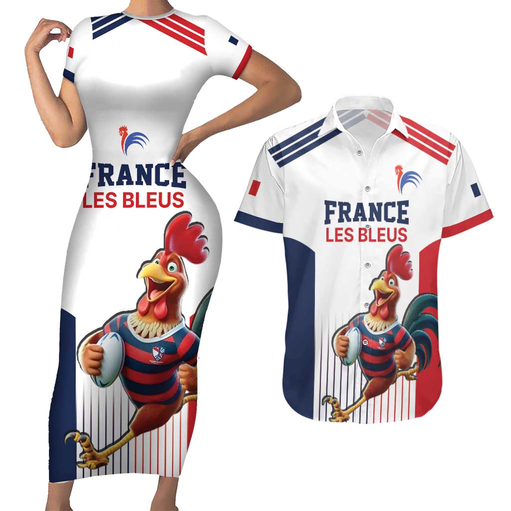 France Rugby Custom Couples Matching Short Sleeve Bodycon Dress and Hawaiian Shirt Come on Les Bleus White Style