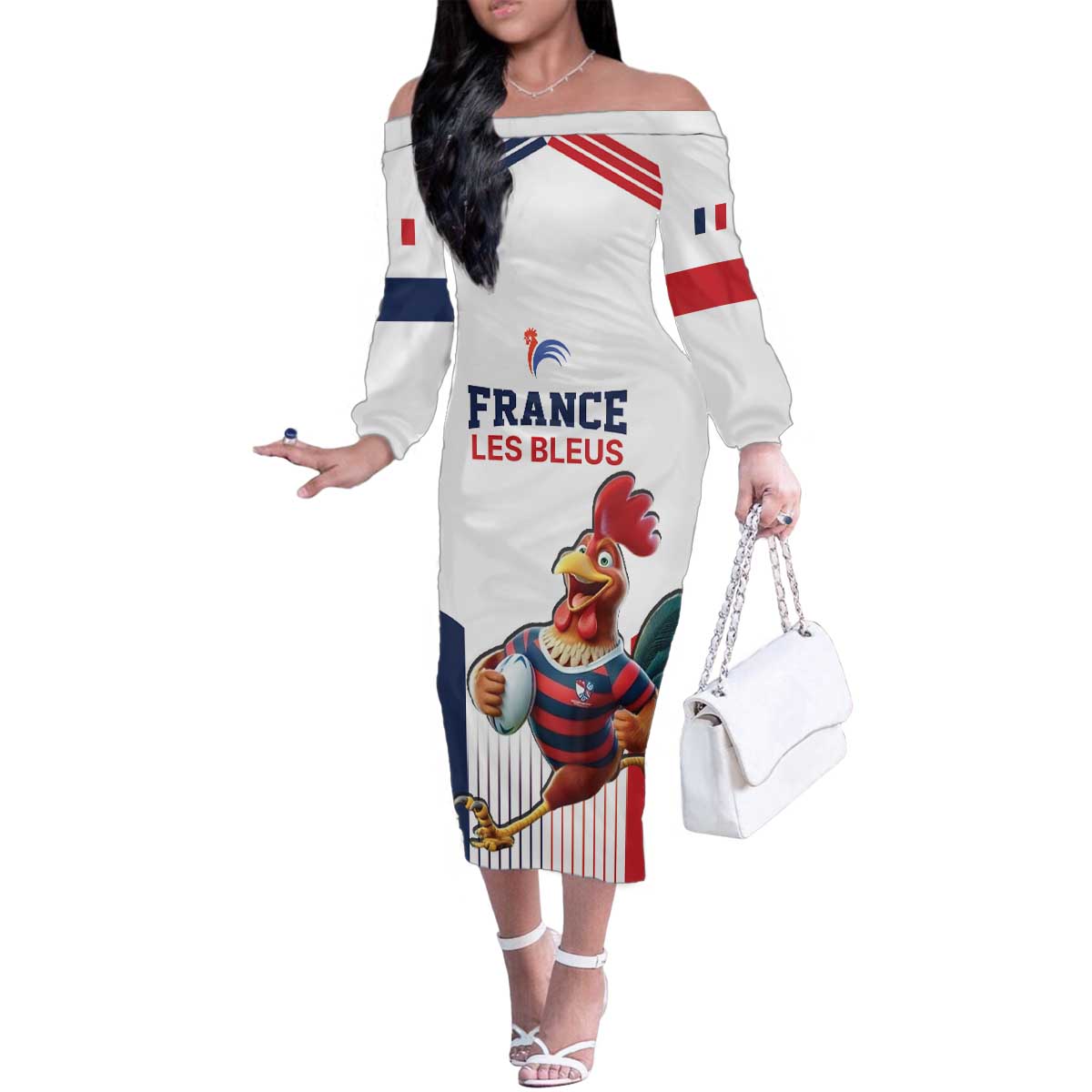 France Rugby Custom Family Matching Off The Shoulder Long Sleeve Dress and Hawaiian Shirt Come on Les Bleus White Style