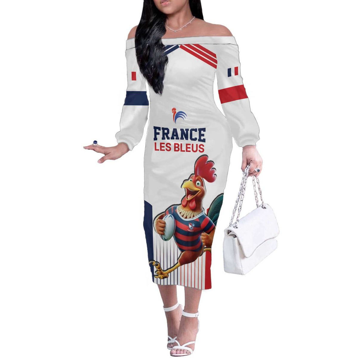 France Rugby Custom Off The Shoulder Long Sleeve Dress Come on Les Bleus White Style