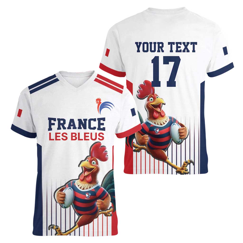 France Rugby Custom Women V-Neck T-Shirt Come on Les Bleus White Style