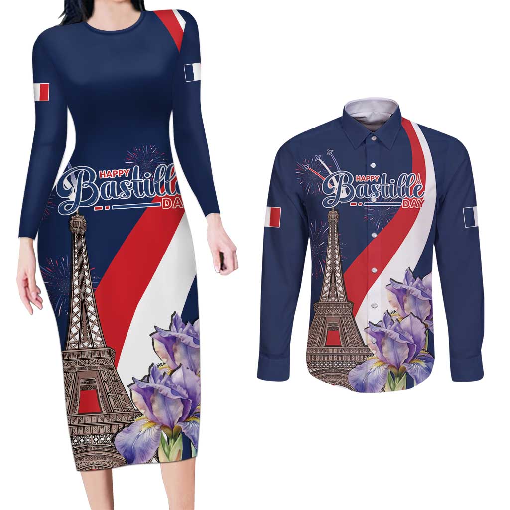 Personalized France Bastille Day Couples Matching Long Sleeve Bodycon Dress and Long Sleeve Button Shirt Le 14 Juillet