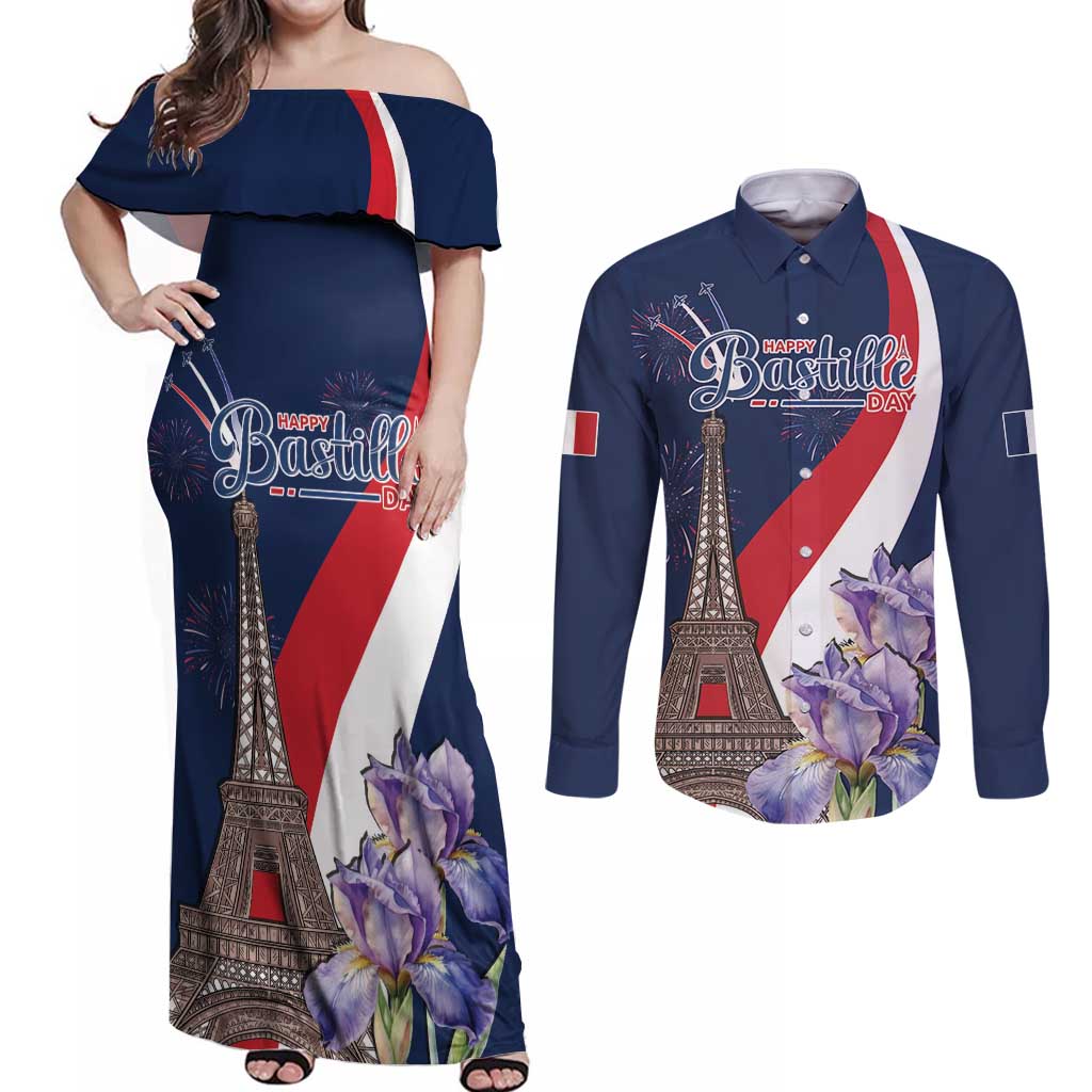 Personalized France Bastille Day Couples Matching Off Shoulder Maxi Dress and Long Sleeve Button Shirt Le 14 Juillet