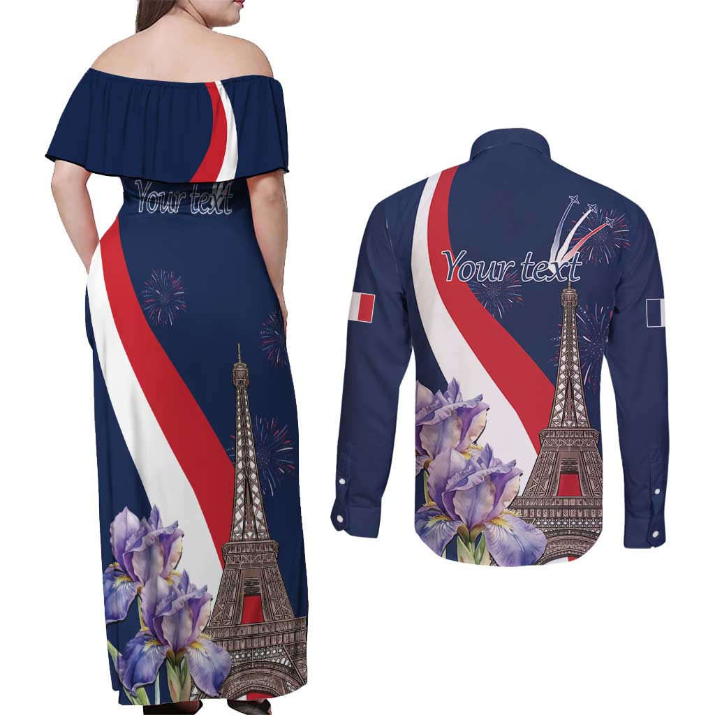 Personalized France Bastille Day Couples Matching Off Shoulder Maxi Dress and Long Sleeve Button Shirt Le 14 Juillet